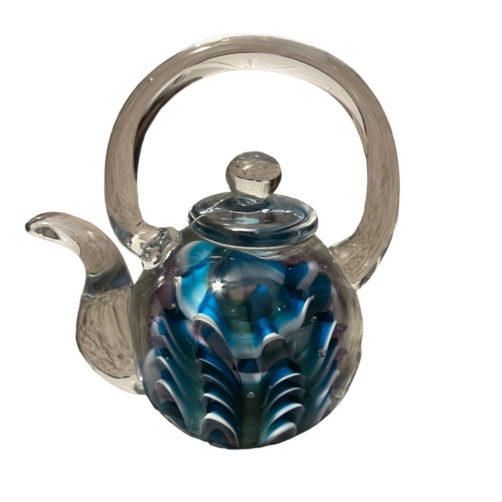 Art GLASS TEAPOT PAPERWEIGHT Handblown Multicolor White 5”